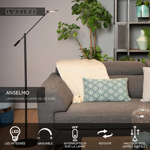 Lucide ANSELMO - Lampadaire / lampe de lecture - Ø 25 cm - LED Dim. - 1x9W 3000K - Noir - USP
